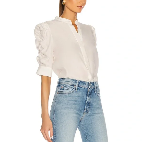 Frame • Shirred Sleeve Silk Button Down Top - Picture 9 of 13